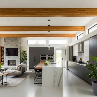Exposed beams in a interior of a house