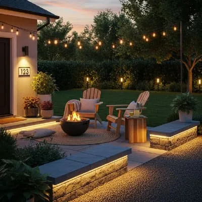 Garden with floor fireplace