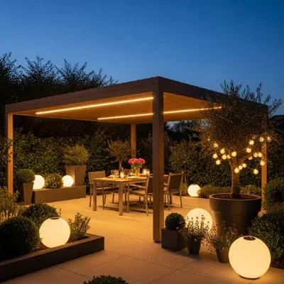 Oudoor space with pergola iluminated