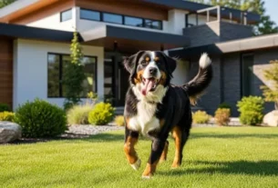 Bernese dog playing at front home
