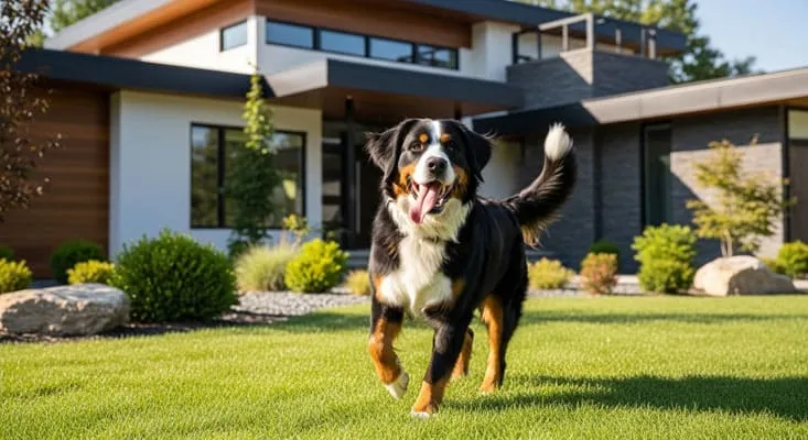Bernese dog playing at front home