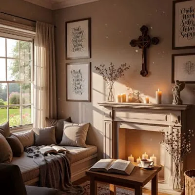 Living room with religion decor
