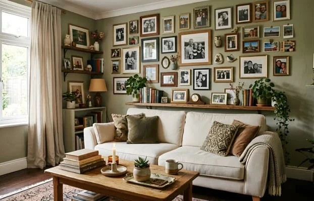 Living room decorated with photographs and small objects