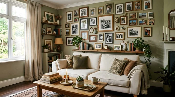 Living room decorated with photographs and small objects