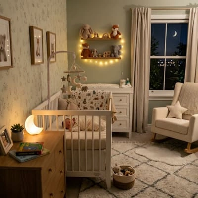 Natural Materials and Soft Lighting in Modern Baby Room 5 Baby room at night