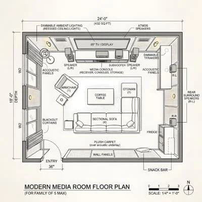 Lighting, Acoustics, and Layout in Modern Media Rooms 5 Modern media room plan