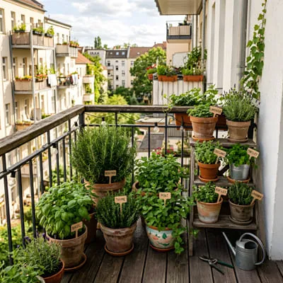 Rosemary in vases at balcony apartment