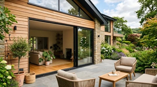 Sliding door at house façade