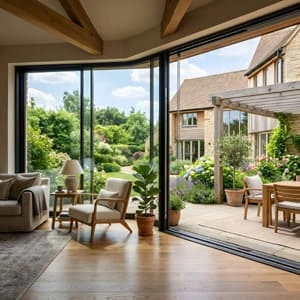 Sliding door at house door front