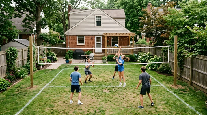 small backyard prepared for volleyball match