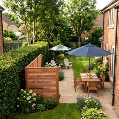 Umbrella and windbreaks placed in a residential patio