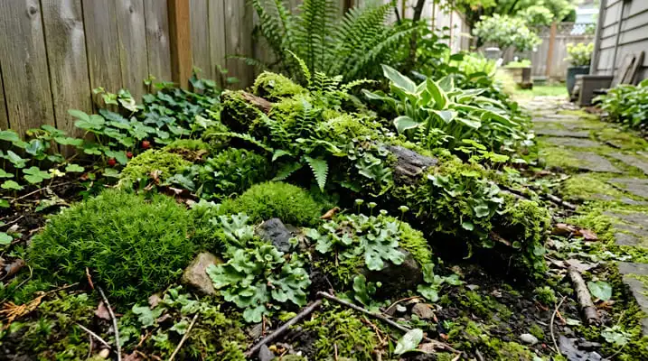 mosses and liverworths in a backyard garden