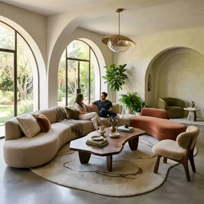 Curved sofas in a lounge space