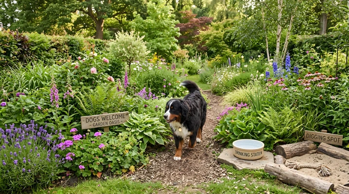 Bernese dog in a garden