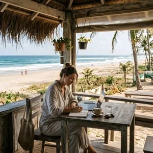 Slow Productivity: Rethinking Busyness and Designing a Calmer Daily Routine 9 working slowly at beach
